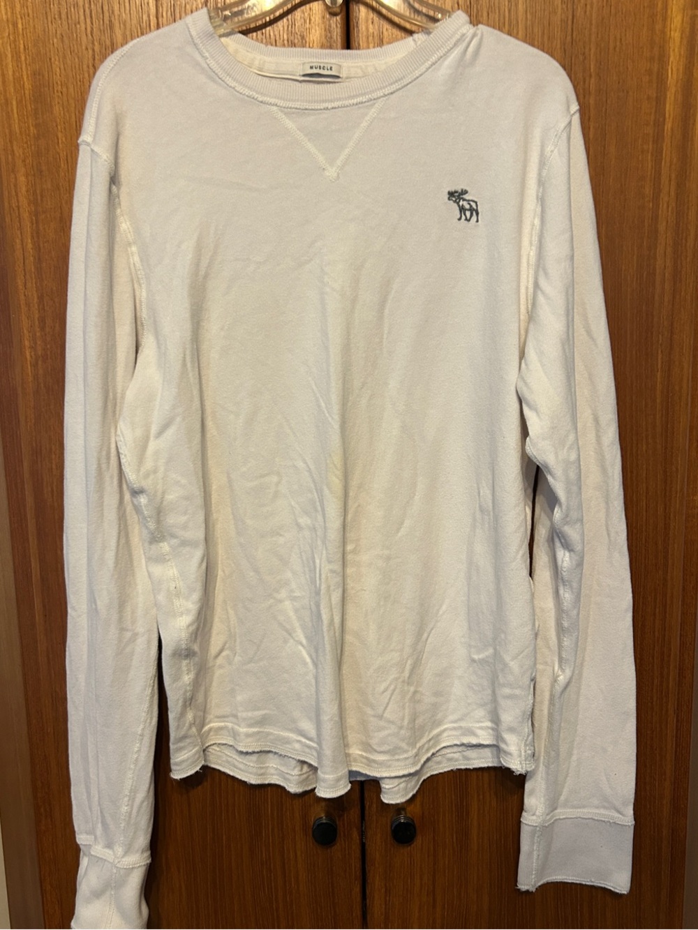 Abercrombie & Fitch Men's Cream Long-Sleeve Crew with Logo